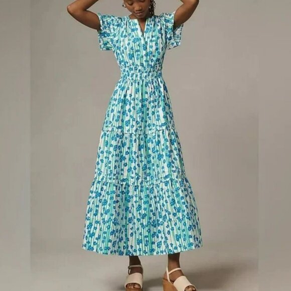 Anthropologie The Somerset Maxi Dress in Blue Green Floral Stripe - Picture 2 of 13